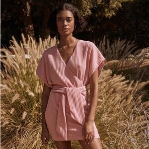 Saylor Pink Ribbed Short Sleeve Yelle Mini Faux Wrap Dress M